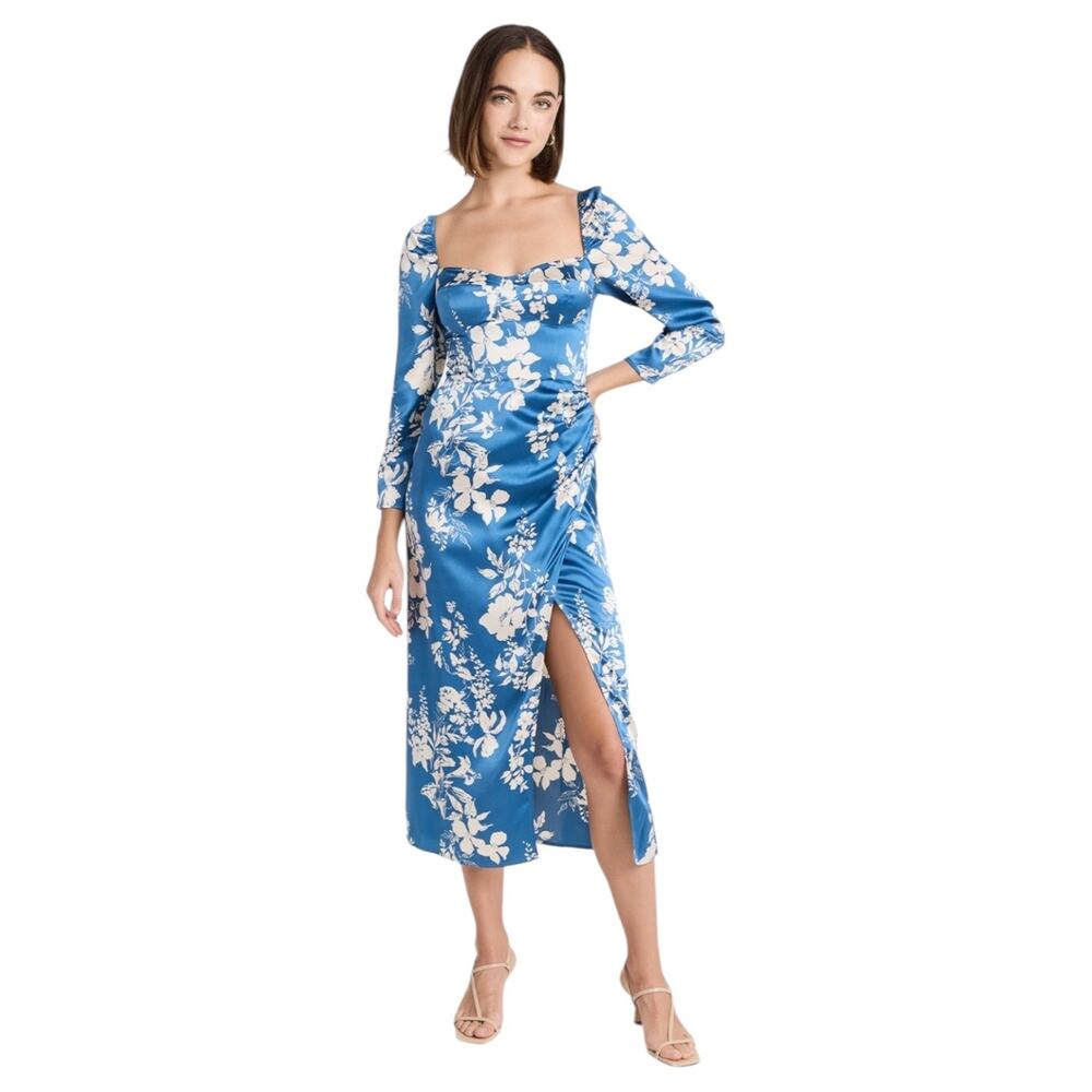 NWT Reformation Gloriana Silk Satin Romantic Floral Print Dress Cyanotype Size 4
